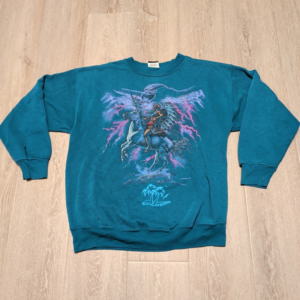 Vintage 90s Signal Sports Habitat XCII Native American Horse Sweatshirt Teal L